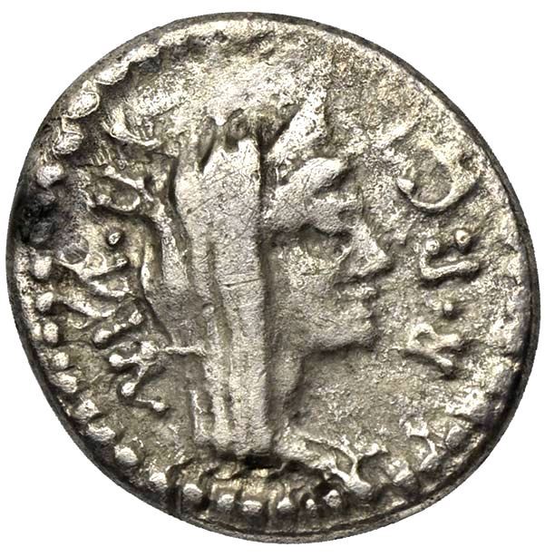 Moeda Romana Republicana Rara Quinarius Otavianus e Marcus Antonius (39 aC) – imagem 1