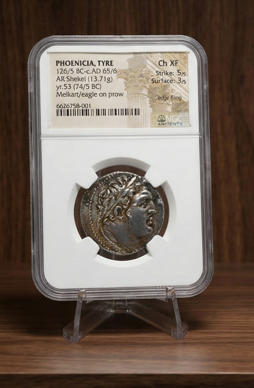 Moeda Fenícia Shekel de Tiro (126/5 a 67/68 dC) Certificada NGC XF – imagem 1